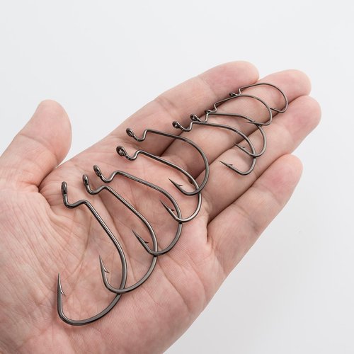Dr.Fish 100 Pack EWG Hooks Bass Fishing Worm Hooks Extra Wide Gap Offset Freshwater Fishing Carolina/Texas Rig 2/0
