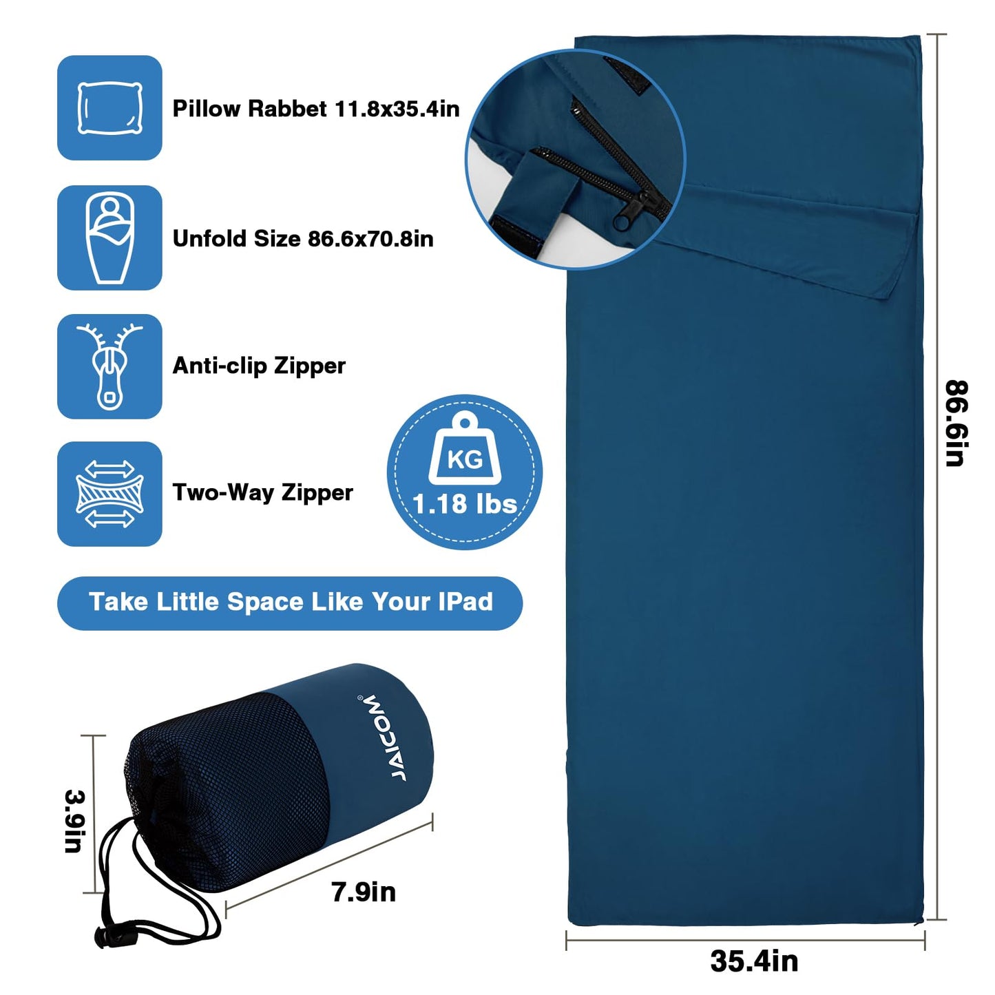 JAICOM Sleeping Bag Liner, Travel Sheets & Adult Sleep Sack, Ultralight and Portable Summer Sleeping Bag - Ideal for Backpacking, Hotels and Hostels, Business Trips, Camping