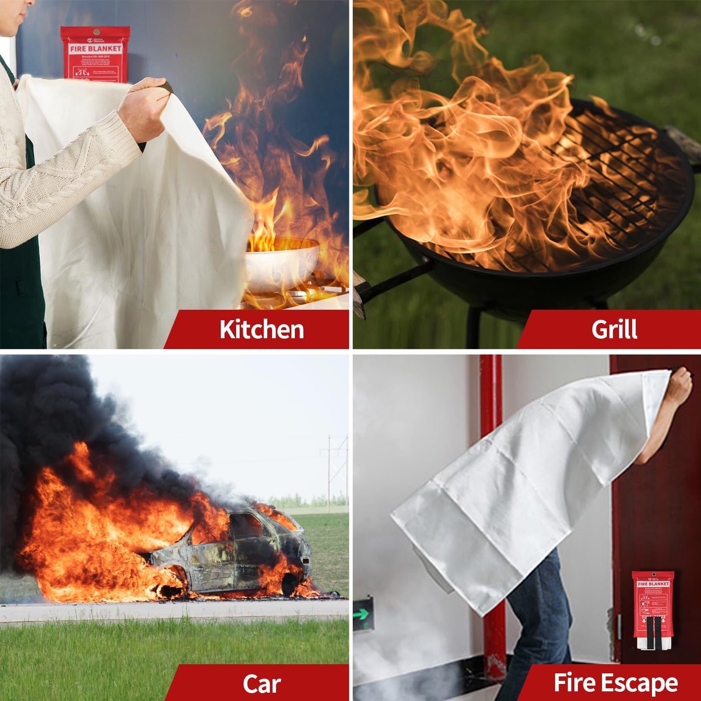 RHINO RESCUE Fire Blanket, 40''×40'' Fiberglass Emergency Fireproof Gear, Flame Retardant Protection for Home, Kitchen, Camping, Hiking, 2 Count
