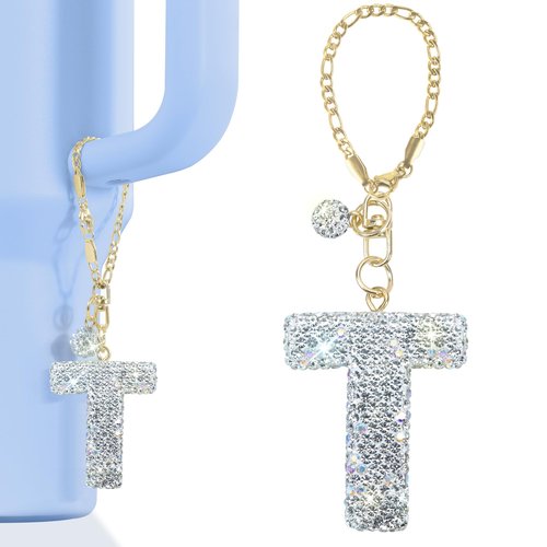 Mokoart Glitter Letter Charms for Stanley Cup, Water Bottle Charms for HydroJug Traveler & Stanley Tumbler with Handle, Cute Initial Name ID with Bling Letter for Stanley Cup Accessories (T)