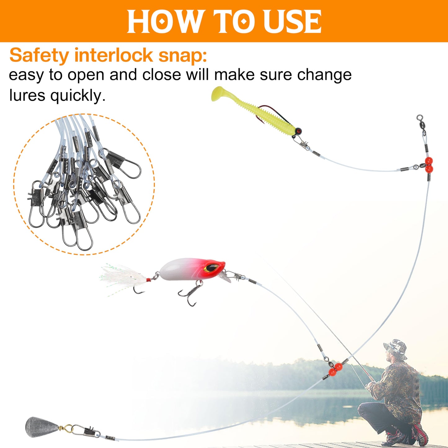 Fishing Leader Rigs Saltwater Tackle Rigs with Swivels Snaps, High Strength Wire Leaders Rigging Surf Fishing Gear Equipment for Lures Bait Hooks Catfish Walleye, Blue, 2arm, 12pcs