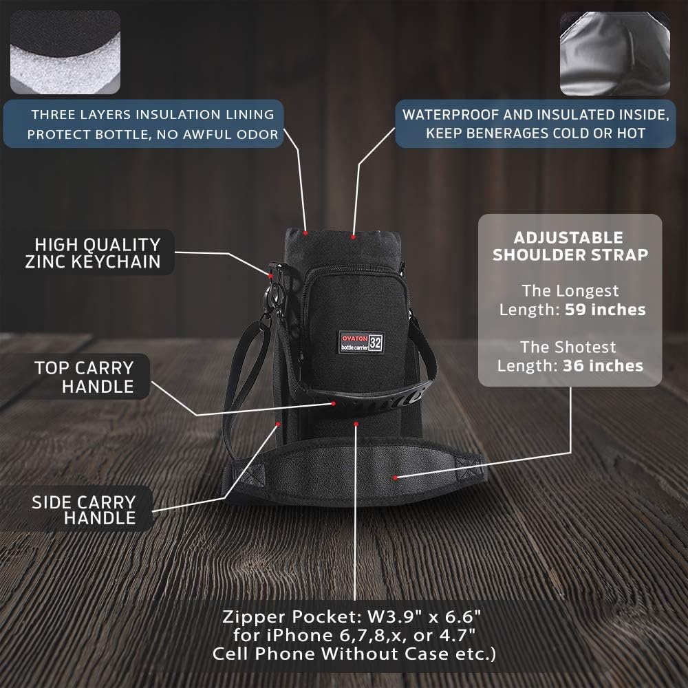 32 oz - 64 oz Black Neoprene Bottle Holder with Strap and Pocket for Walking, Travel and Hiking