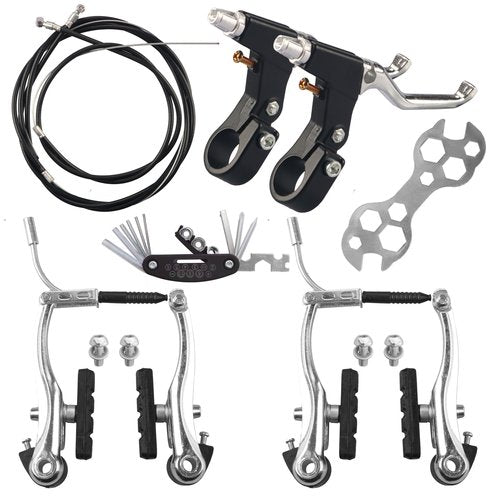 RAHQHD Complete Bike Brakes Set，Inner and Outer Callipers Cables Lever Kit ，Universal Bike Front and Rear MTB Brake with Multi-Tool Wrenches Silver