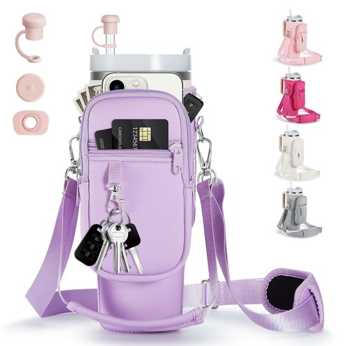 Carrier Bag with Phone Pocket and 2 Adjustbale Straps for Stanley 40oz Tumbler（Hot Pink+Purple）