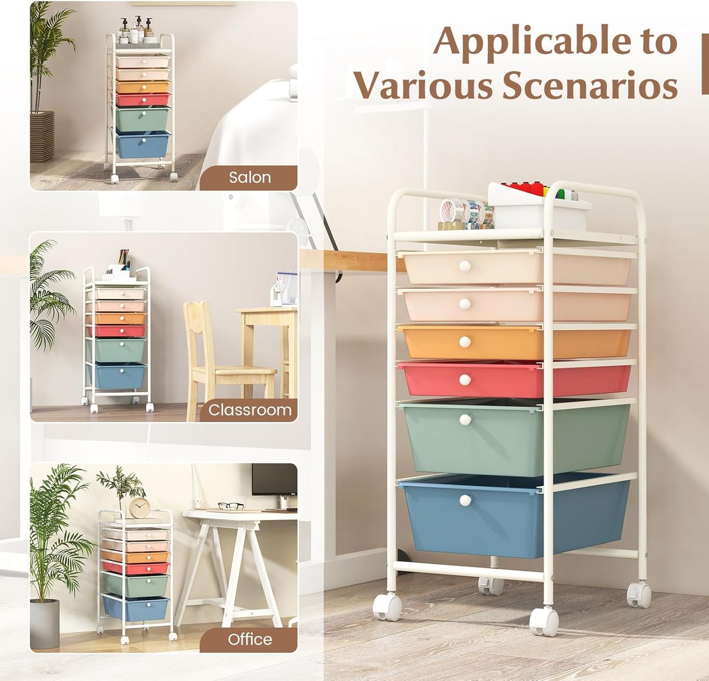 RELAX4LIFE 6-Drawer Rolling Storage Cart - Classroom Organization on Wheels w/Removable Plastic Drawers, Mobile Art Craft Cart for School Paper Home Office, Utility Cart with Drawers (Macaron)