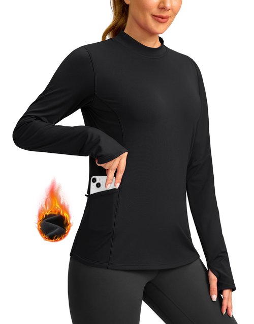 SANTINY Long Sleeve Thermal Shirts for Women Fleece Mock Neck Tops Winter Workout Running Gear with Zipper Pockets(Black_M)