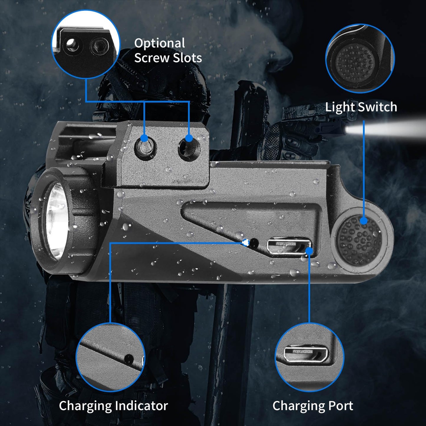 800 Lumens Compact Tactical Weapon Light with Strobe Function, Mini Pistol Picatinny Rail Mounted, USB-TypeC Rechargeable, Aluminum Flashlight for Gun Includes High, Low Lumens