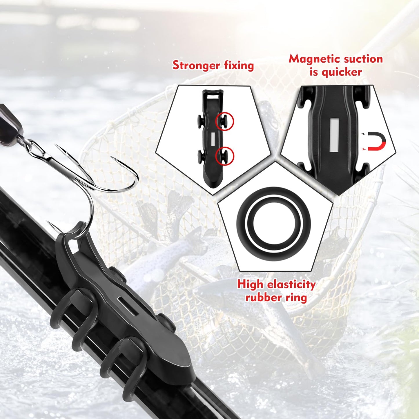 Hook Keeper for Fishing Rod, [4Pcs] Magnetic Fishing Hook Keeper, HK2F Fishing Bait Holder with 2 Sizes Rubber Rings, Fishing Hook Holder Quick Installation