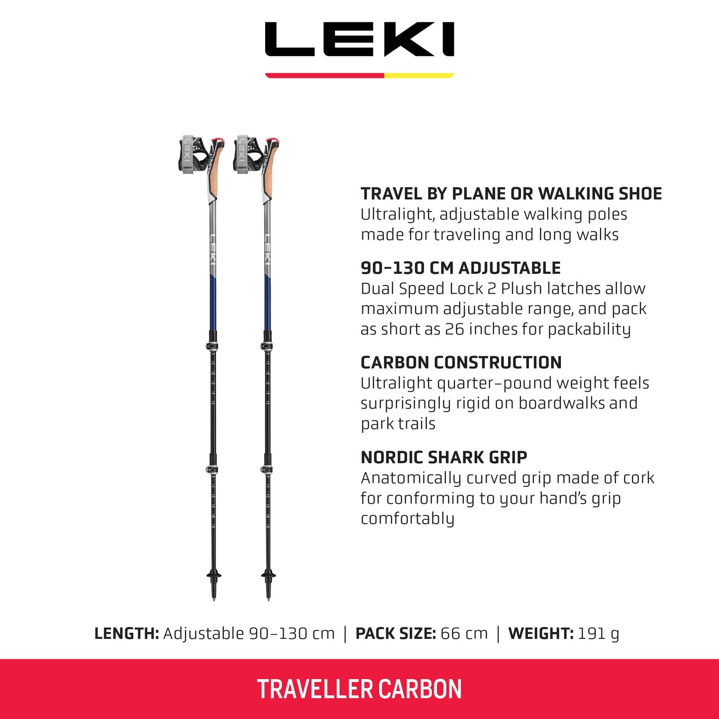 LEKI Traveller Carbon Adjustable Lightweight Trekking Poles for Hiking & Nordic Walking - Blue-Anthracite-White - 90-130 cm