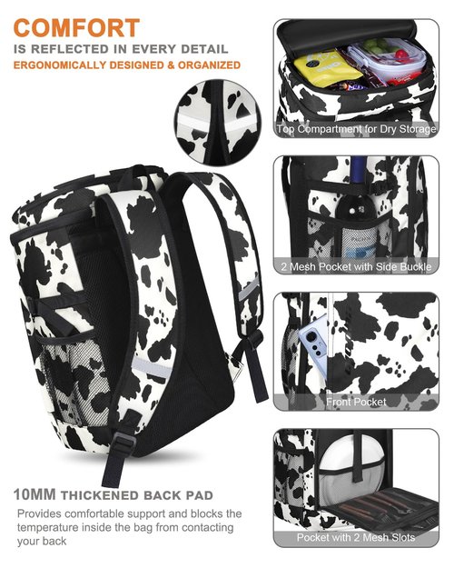Capolo Cooler Backpack Insulated Waterproof for Women Men, Leak Proof Thermal Bag Soft Travel Cooler Portable Ice Chest Lunch Backpack for Camping Picnic (Cow Print, 36 Cans)