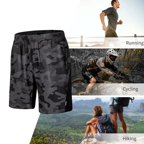 Santic Men's Mountain Bike Shorts Padded Pack of Two Cycling Shorts with Liner Loose-fit Stretchy Zipper Pockets Bicycle MTB Shorts Trail Camo Black S