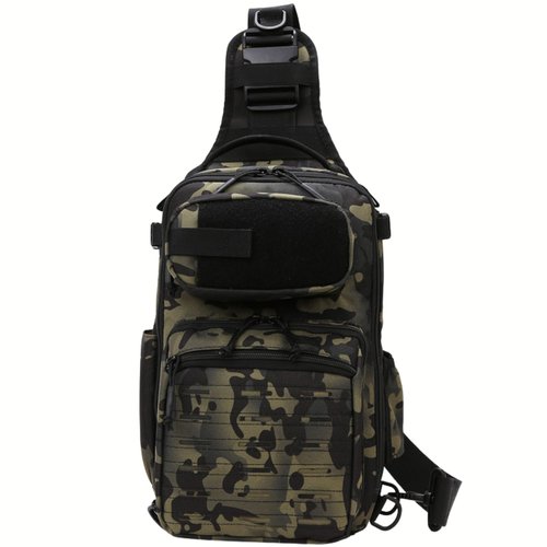 OVER GROUND Tactical Fishing Chest Sling Bags Bottle Holder & Key Ring Strap, Military Large Capacity Molle Camouflage Outdoor Backpack (Green Black Camo)