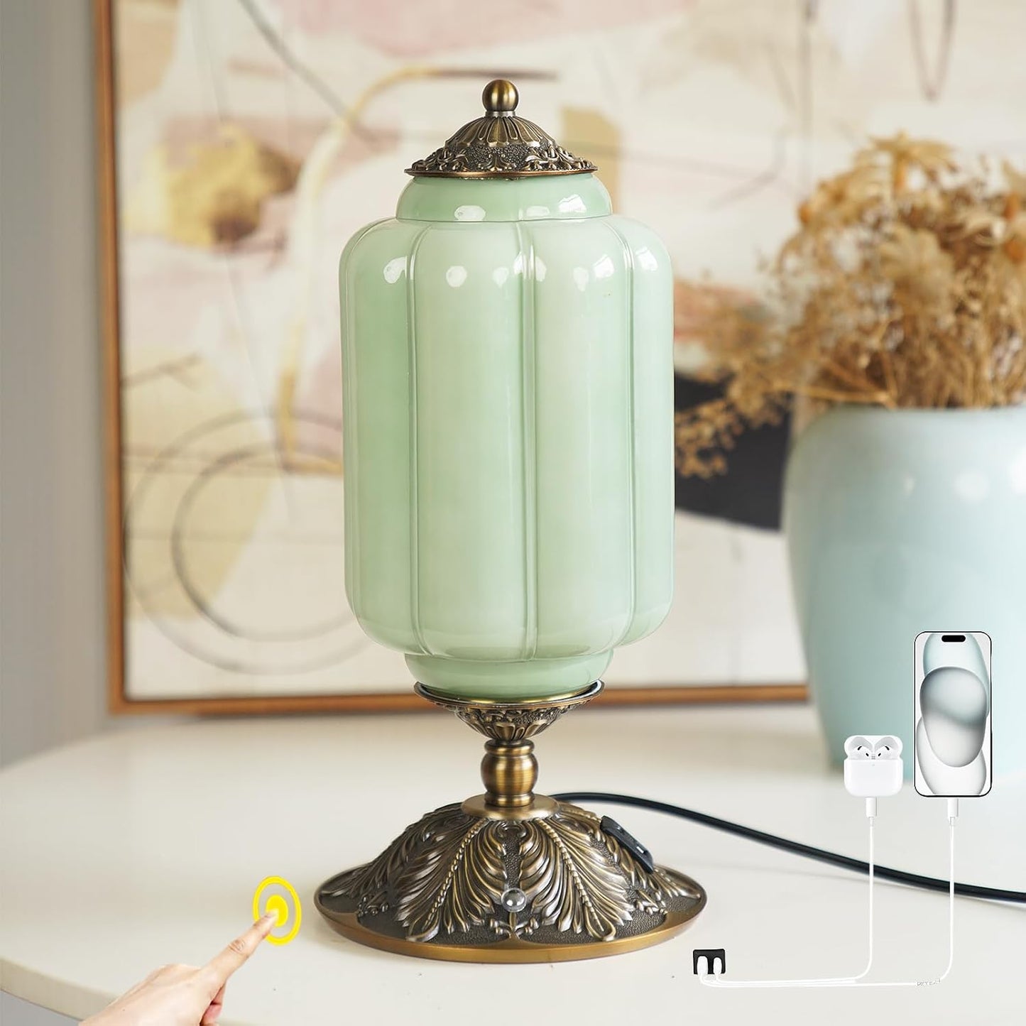 Milk Glass Touch Table Lamp, Elegant Green Jadeite Glass Bedside Desk Lamp 3 Way Dimmable with USB C+A Charging Ports - Bedroom Nightstand & Living Room Essential, 4W Bulb Included (Green, 6.5)