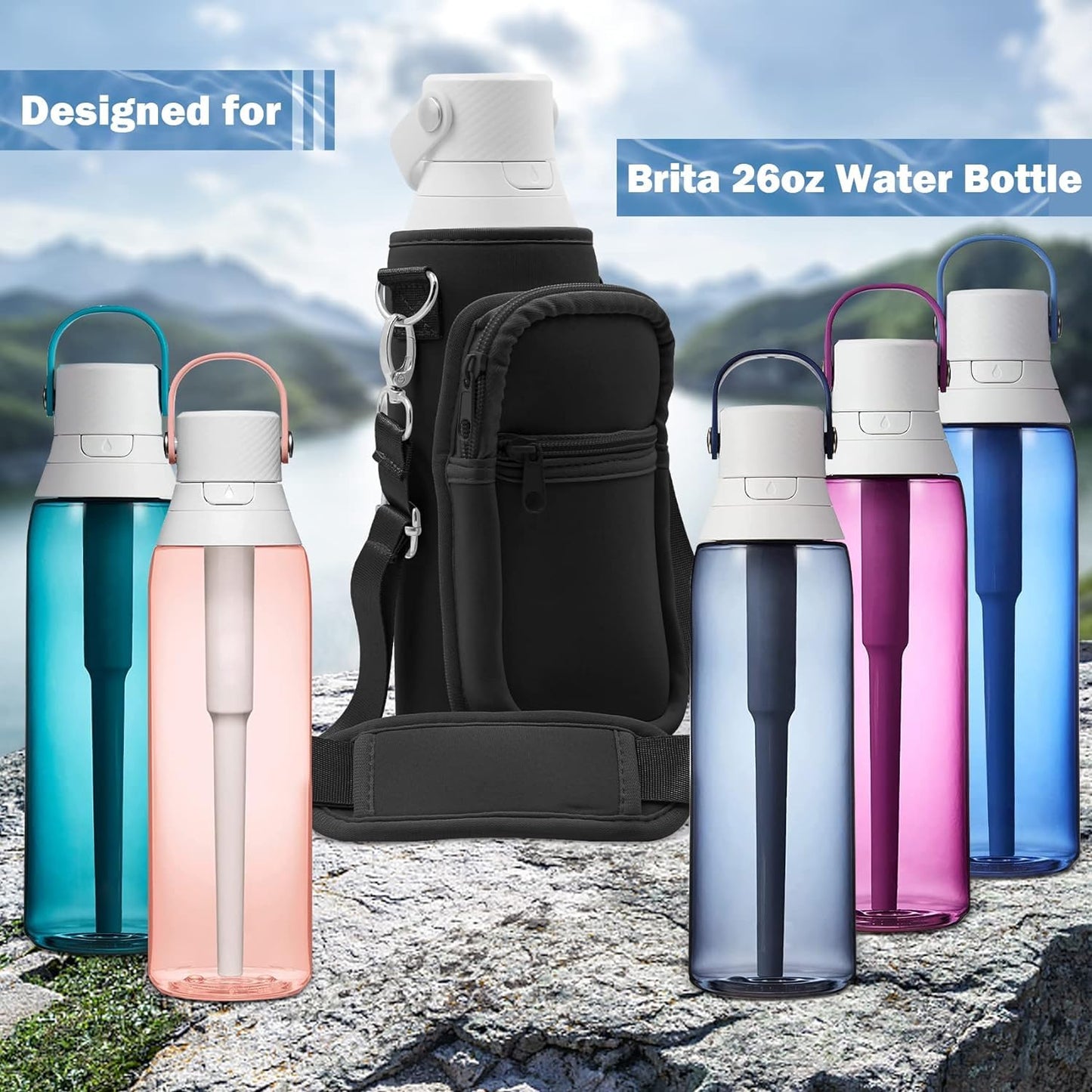 JAYOBGO Water Bottle Bag for Brita 26oz - Water Bottle Holder with Adjustable Strap Bottle Carrier Bag, Sports Water Bottle Accessories for Brita 26oz Carrier Bag with Phone Pocket (Black)