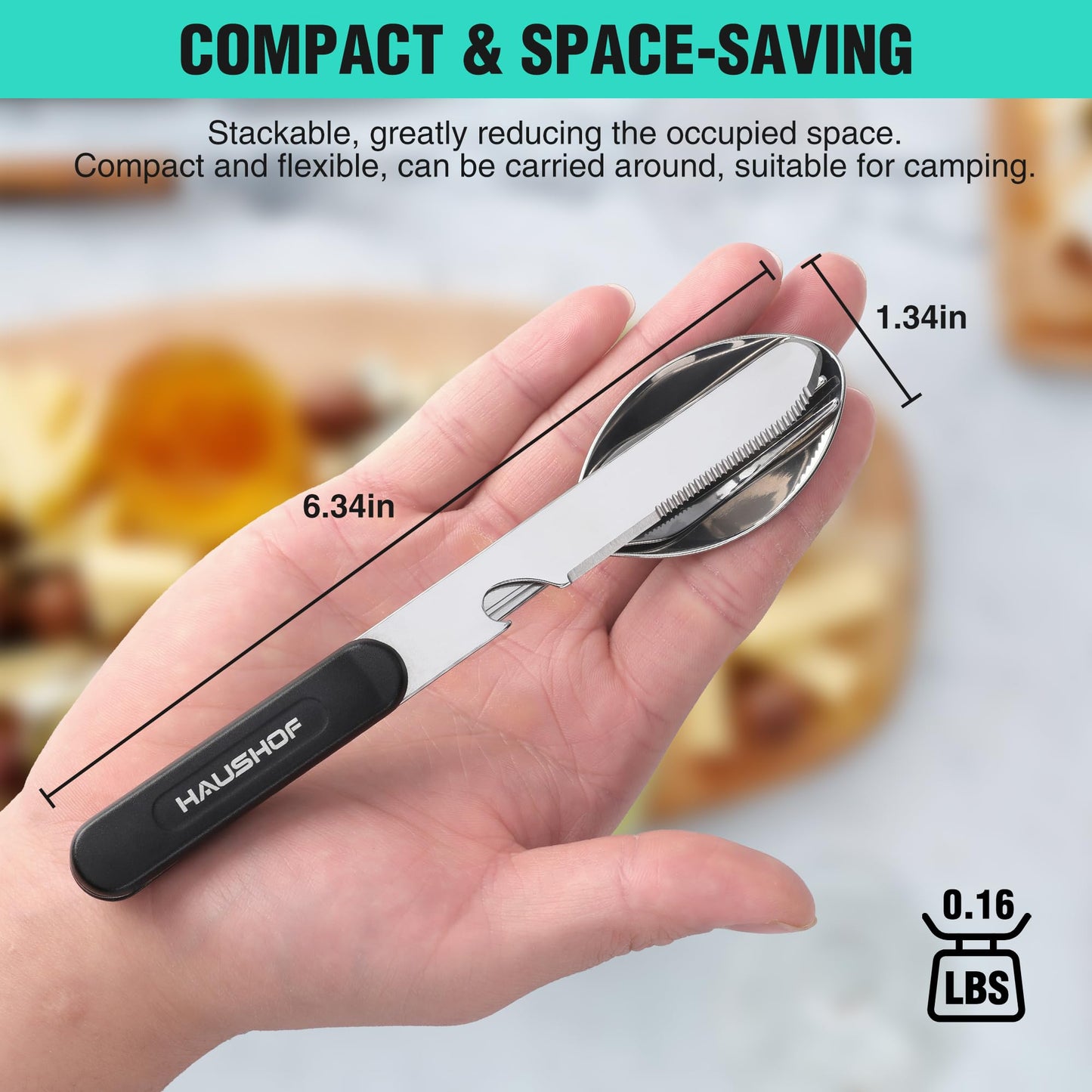 HAUSHOF 2-Pack 4-in-1 Camping Utensils, Stainless Steel Camping Eating Utensils with Carrying Bag, Detachable Spoon, Fork, Knife, Bottle Opener - Travel Utensil Set for Hiking, Picnic, Barbecue