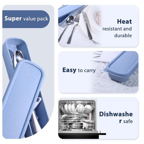 HANSGO 3PCS Portable Utensils Set with Case, Travel Cutlery Set Stainless Steel Utensils Reusable Silverware for Lunch Camping School Picnic Office Dishwasher Safe Blue