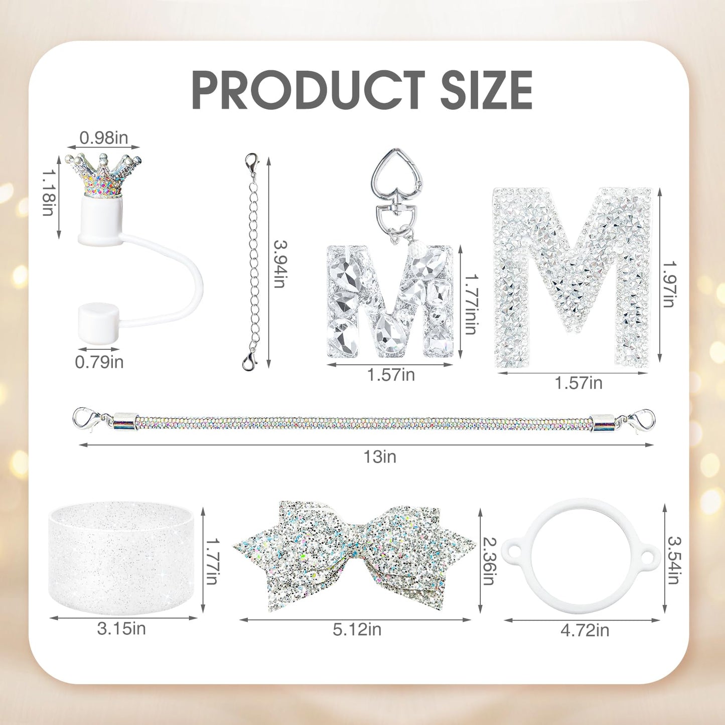 8Pcs Silvery Stanley Cup Accessories Set for Stanley Cup 30&40 Oz Tumbler - Silicone Straw Cover Cap and Boot, Handle Letter Charm, Bow Decoration Initial Sticker, Diamond Water Bottle Handle Strap(M)