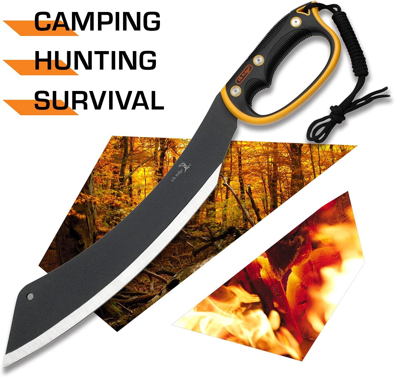 Elk Ridge - Outdoors Fixed Blade Machete - 20.5-in Overall, Black Stainless Steel Blade, Orange and Black Injection Molded Handle with Lanyard, Nylon Sheath, Camping, Hunting, Survival - ER-280, One Size