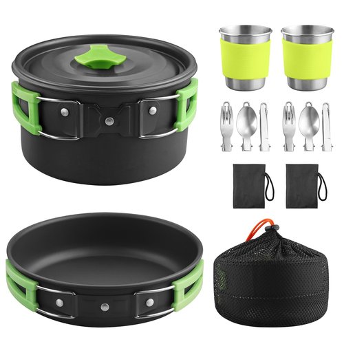 VINTEAM Camping Cookware Set 830g Stainless Steel Pot Pan Set with Folding Handle and Storage Bag for 1-2 Person Outdoor Hiking Camping