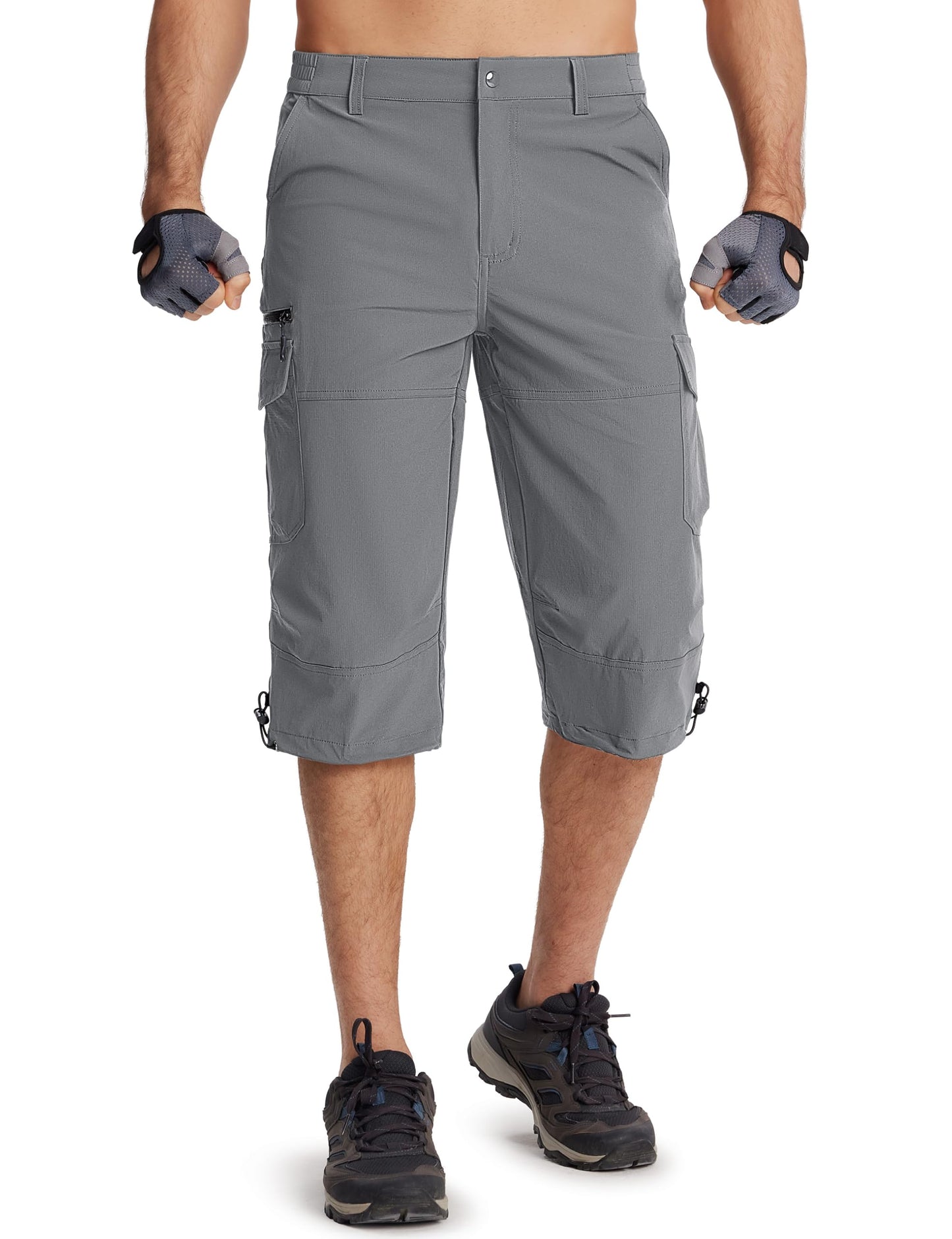 TACVASEN Mens Long Shorts Quick Dry Cargo Hiking Stretch Capri Pants Elastic Waist 3/4 Shorts Casual Below Knee Travel Bike Golf Light Grey
