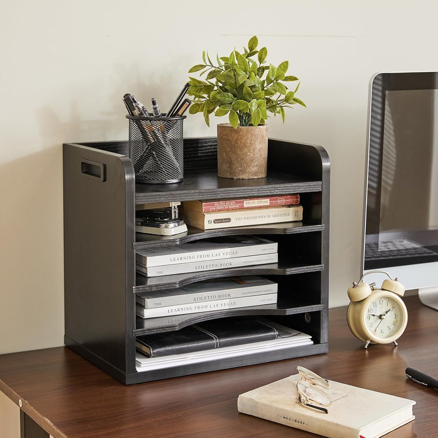 YMYNY Desktop File Organizer with Handle, Document Letter Mail Tray Sorter with 3 Adjustable Shelves, 5 Tiers Paper Holder for School Home Office Desk, Rustic Brown,13.4 * 12.4 * 9.06" UHBC006H
