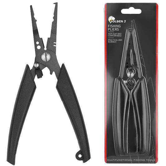 Golden J Teflon Fishing Pliers, Multi-Function Hook Remover-Split Ring Pliers, PE/Braided Line Cutter, Saltwater Resistant Fishing Gear, For Deep-Sea, Ice & Surf Fishing - Ideal for Anglers