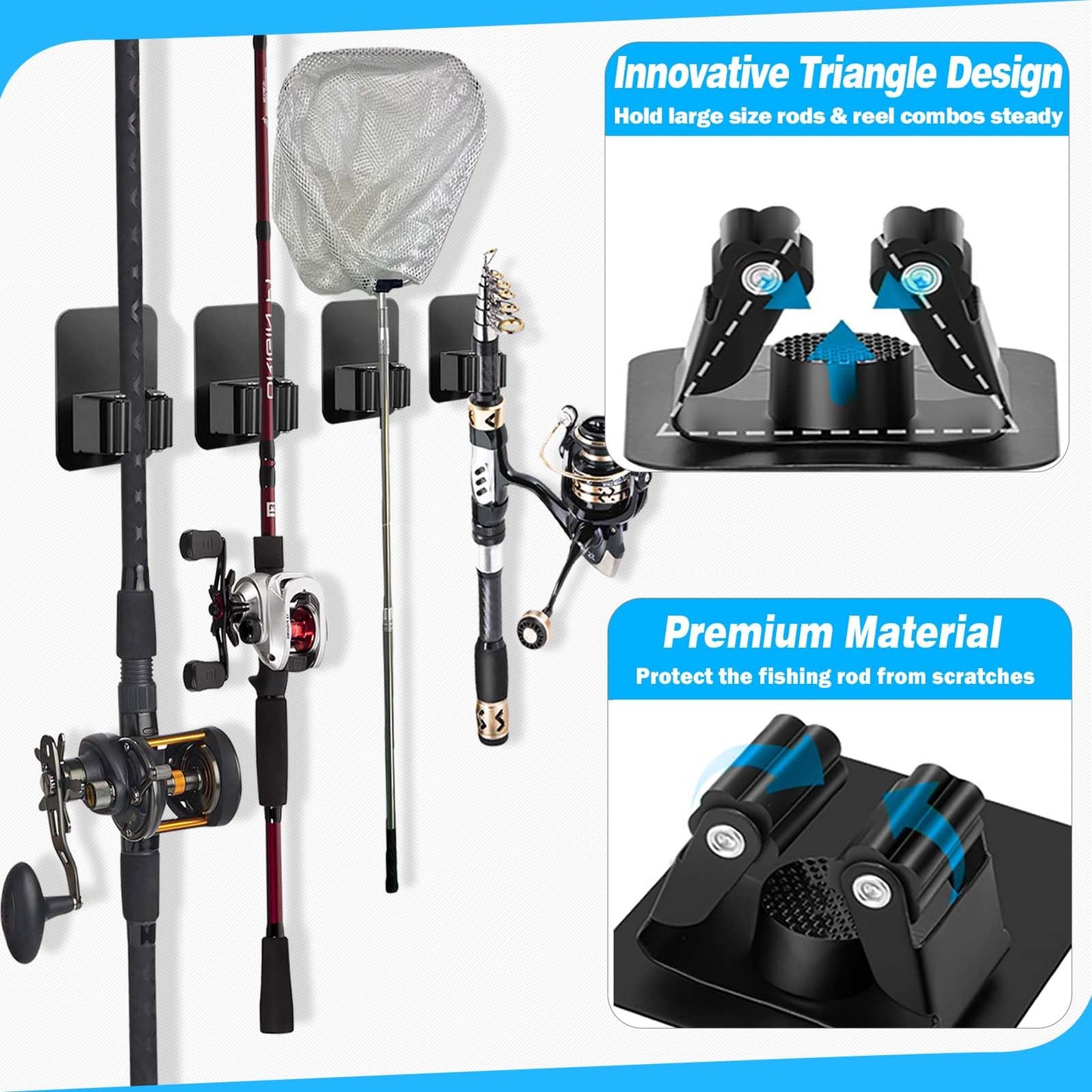 PAPAZOO 4 Pack Fishing Rod Holders, Self-adhesive Wall Mounted Fishing Rods Rack, Fishing Pole/Nets Holders Storage Organizer for Garage, Tool room, Black