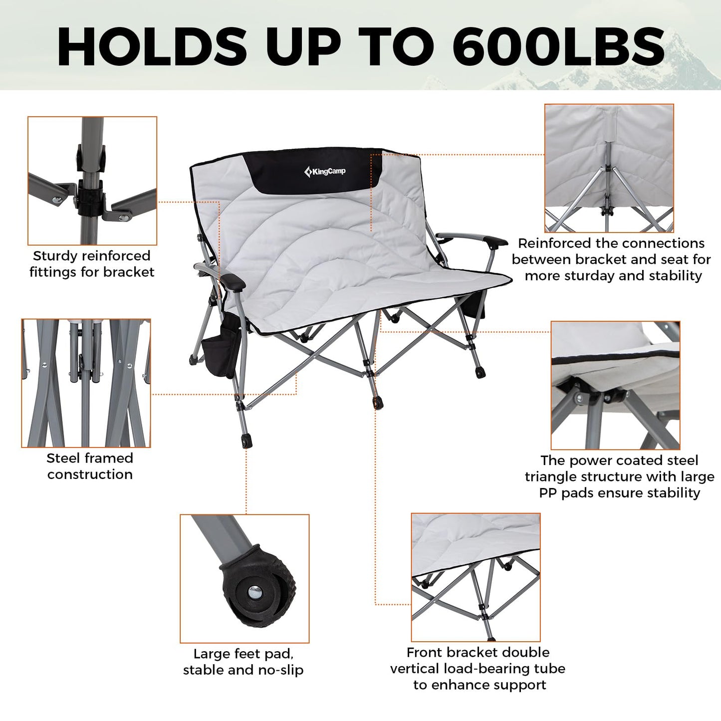 KingCamp Double Camping Chair for Adults, Oversized 2-Person Portable Folding Chair 600 lbs Heavy Duty Outdoor Loveseat with Armrest Cup Holders, Padded Seat and Back for Camping Picnic Patio