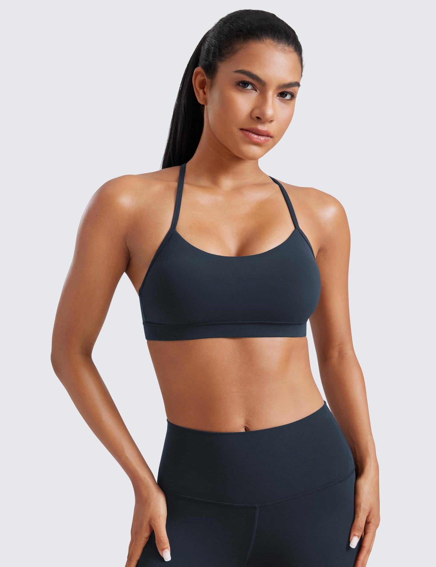 CRZ YOGA Butterluxe Y Back Sports Bras for Women - Padded Racerback Low Impact Spaghetti Thin Strap Workout Yoga Top True Navy Large