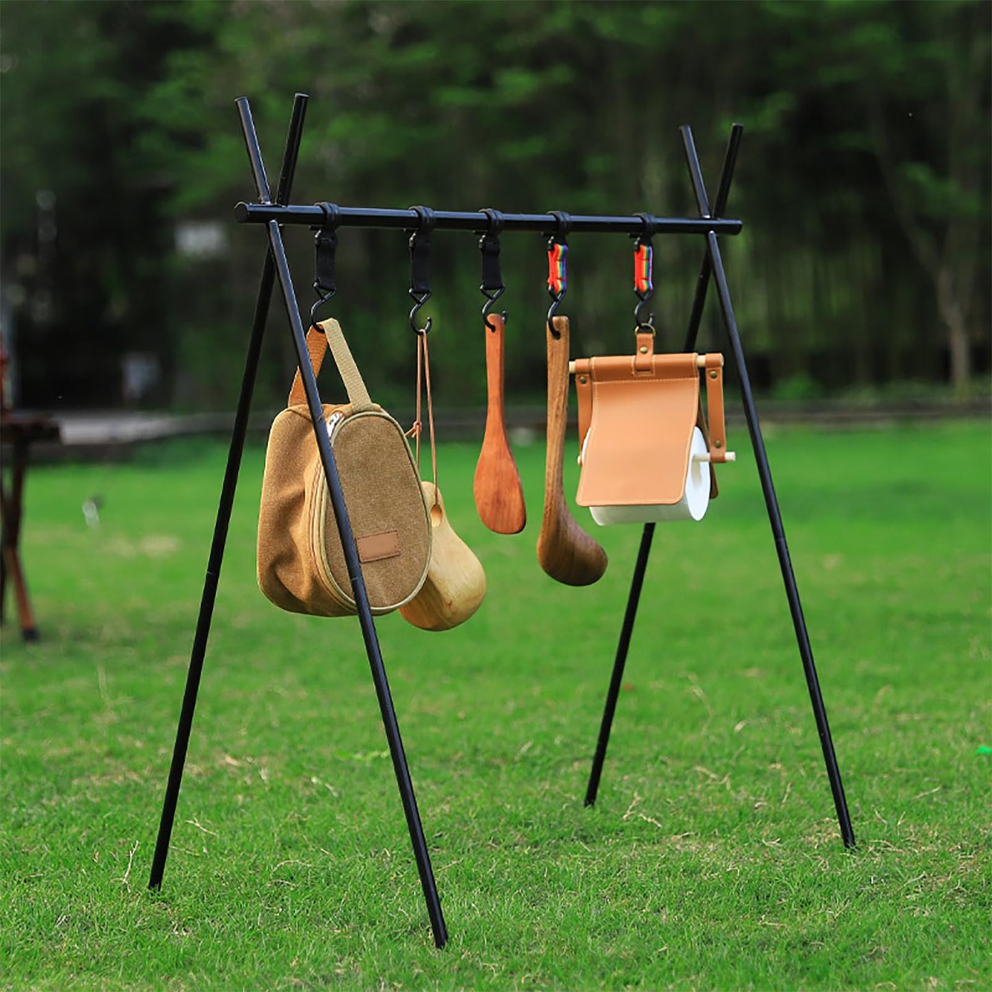 Alomejor Outdoor Camping Hanging Rack Foldable Portable Tripod Stand Quick Setup Lightweight Tools Cookware Storage Organizer Gear for Outdoor Enthusiasts