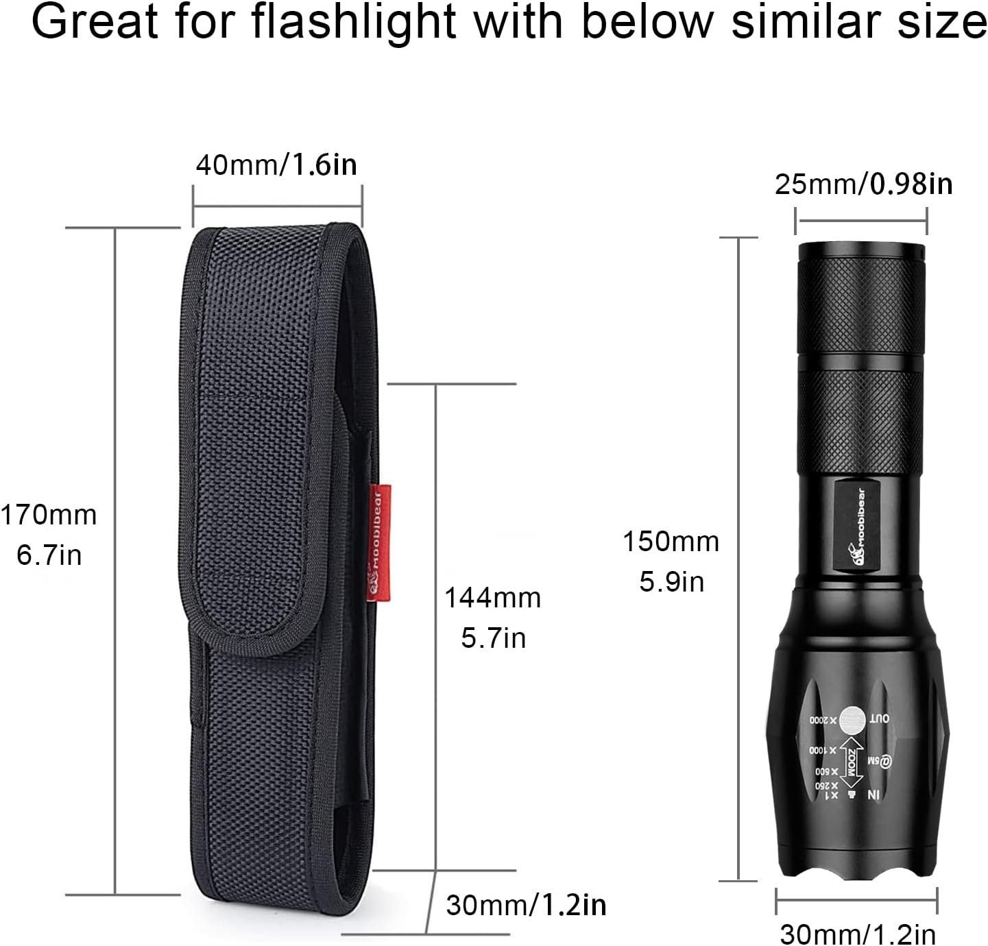 Moobibear 2-Pack Nylon Flashlight Holster for Duty Belt, Adjustable Small Heavy Duty Belt Flashlight Holder for 5"-6.5" High Flashlight, Carry Your Tac Flashlight on Belt with Flashlight Pouch