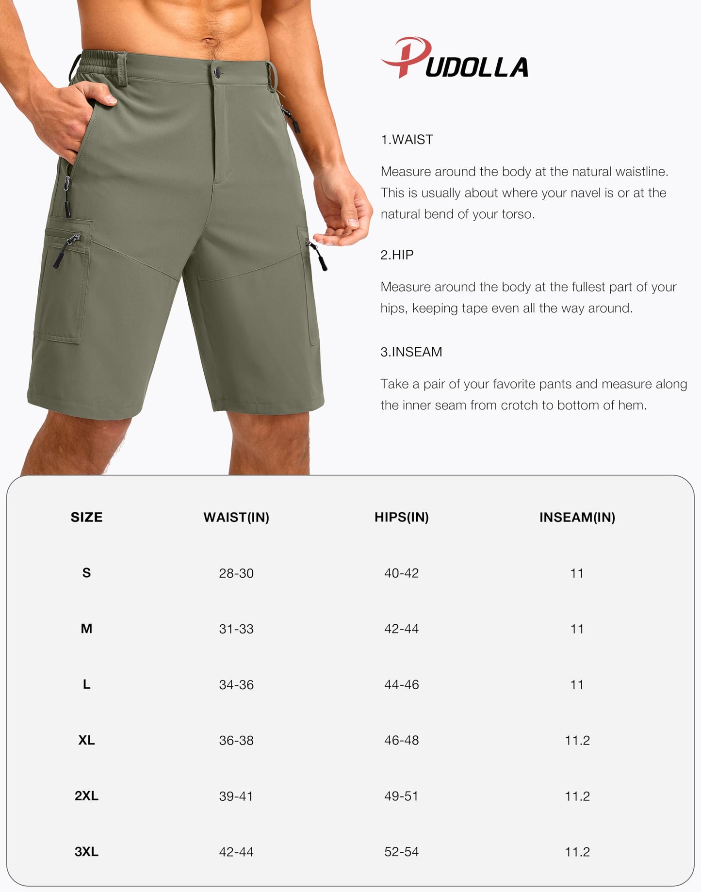 Pudolla Men's Hiking Shorts 11" Lightweight Cargo Work Shorts for Men Summer Travel Golf Casual Outdoor with 5 Pockets(Black X-Large)