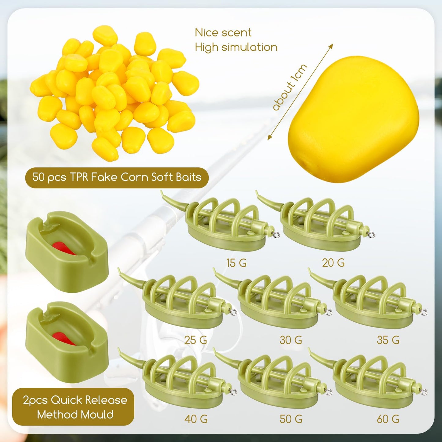 Silipull 88 Pcs Carp Fishing Hair Rigs Kit Includes 24 Curved Barbed Carp Hook 50 Fake Corn Lures 2 Line Bait Stopper 2 Needle 8 Inline Method Feeders 2 Quick Release Mold Fishing Accessories