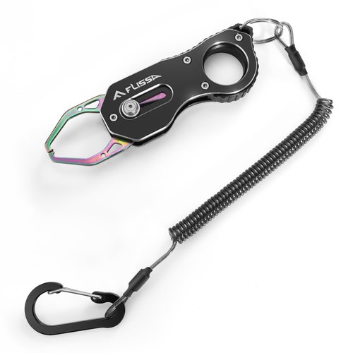 FLISSA 5" Mini Fish Gripper, 22 Pound Fish Lip Grip Tool with Carabiner and Spring Anti-Lost Rope, Durable Stainless Steel Fish Grabber Gripper, Corrosion Resistant & Portable