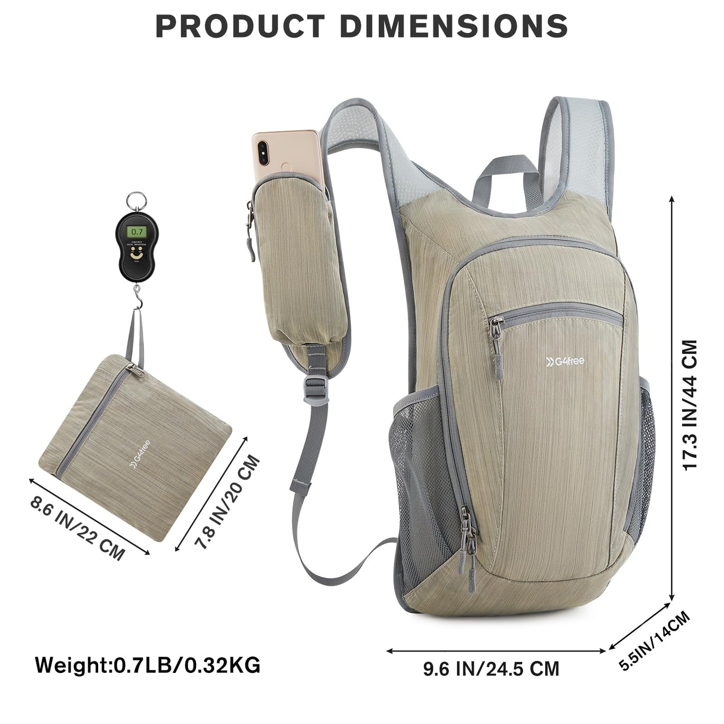 G4Free 15L Hiking Daypack Lightweight Travel Backpack Packable Outdoor Casual Foldable Shoulder Bag (Beige)