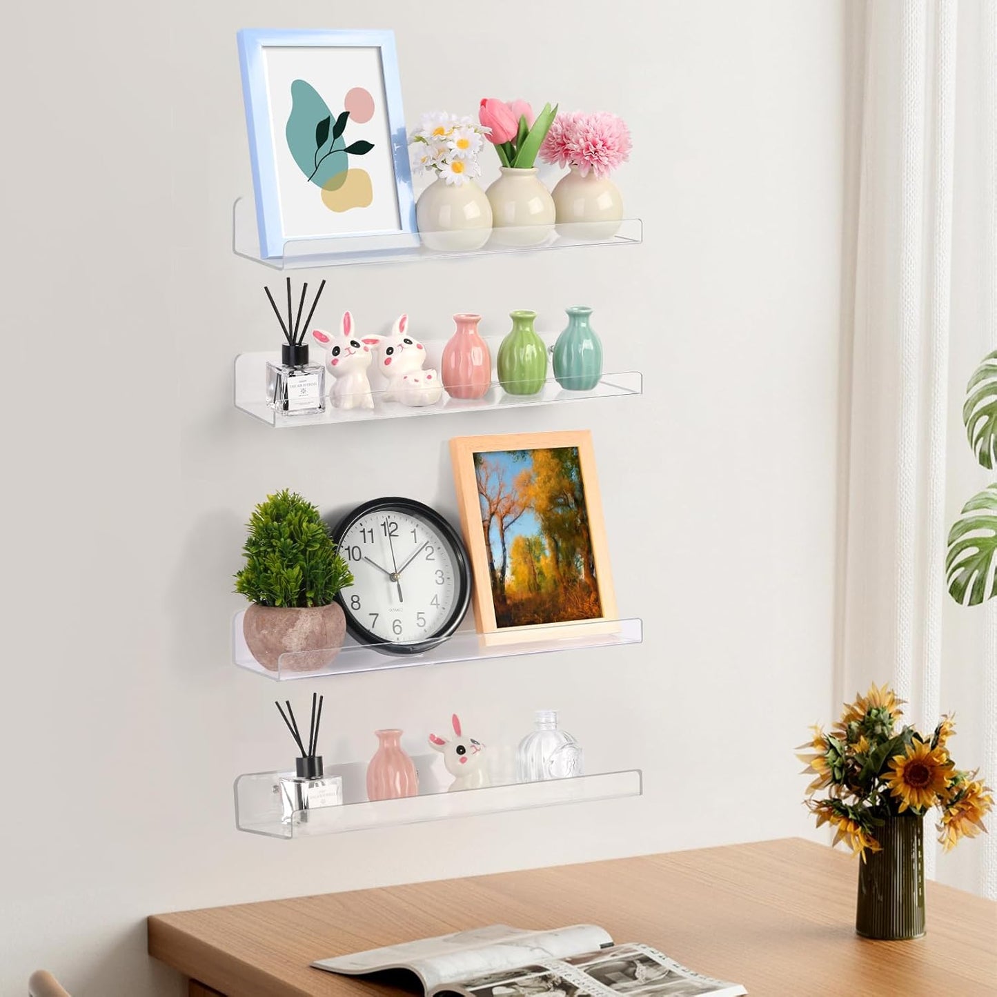 4 Pack Acrylic Shelves for Wall Storage, 15" Floating Bookshelves for Kids, Display Shelf Organizer for Bathroom, Bedroom, Living Room Decor, Kitchen, Clear