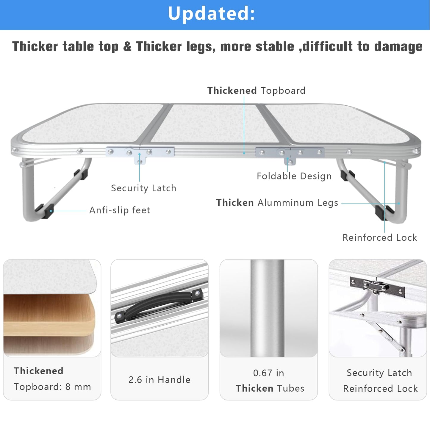 AO LI GEI Folding Camping Table Small with Storage Bag,Adjustable Height Portable Picnic Table,Upgraded Thickening Lightweight Outdoor Table Aluminum Legs (Sliver:15.7"x35.4", Height:10.6")