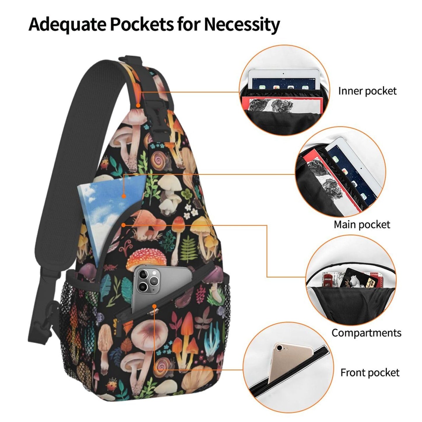 KAWOEEW Mushroom Sling Bag - Crossbody Backpack for Women & Men, Travel & Hiking, Mushroom Decor