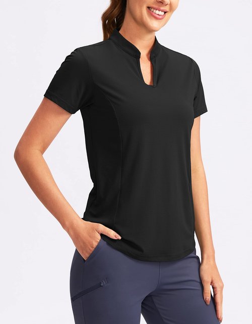 Obla Women's Golf Polo Shirt V-Neck Short Sleeve Collarless Quick Dry Tennis Running T Shirt Golf Tops for Women(Black_M)
