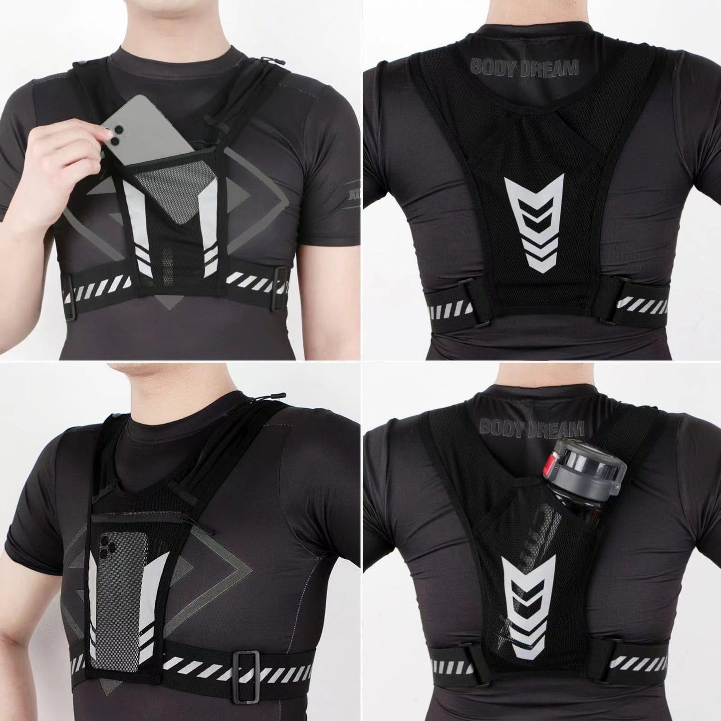 AANDD Running Vest with Phone Pocket Lightweight Adjustable Reflective Jogging Vest Marathon Run Vest with Pockets for Women Men with Headband Black