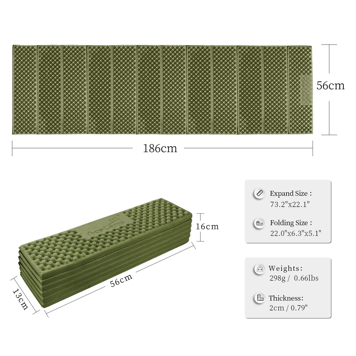 AceCamp Portable Foam Sleeping Pad, Full Length Accordion Sleeping Mat for Camping & Hiking, Lightweight, Soft & Compact Cushion for Sleeping Bag, Comfort, Tent, Rocky Terrain Green