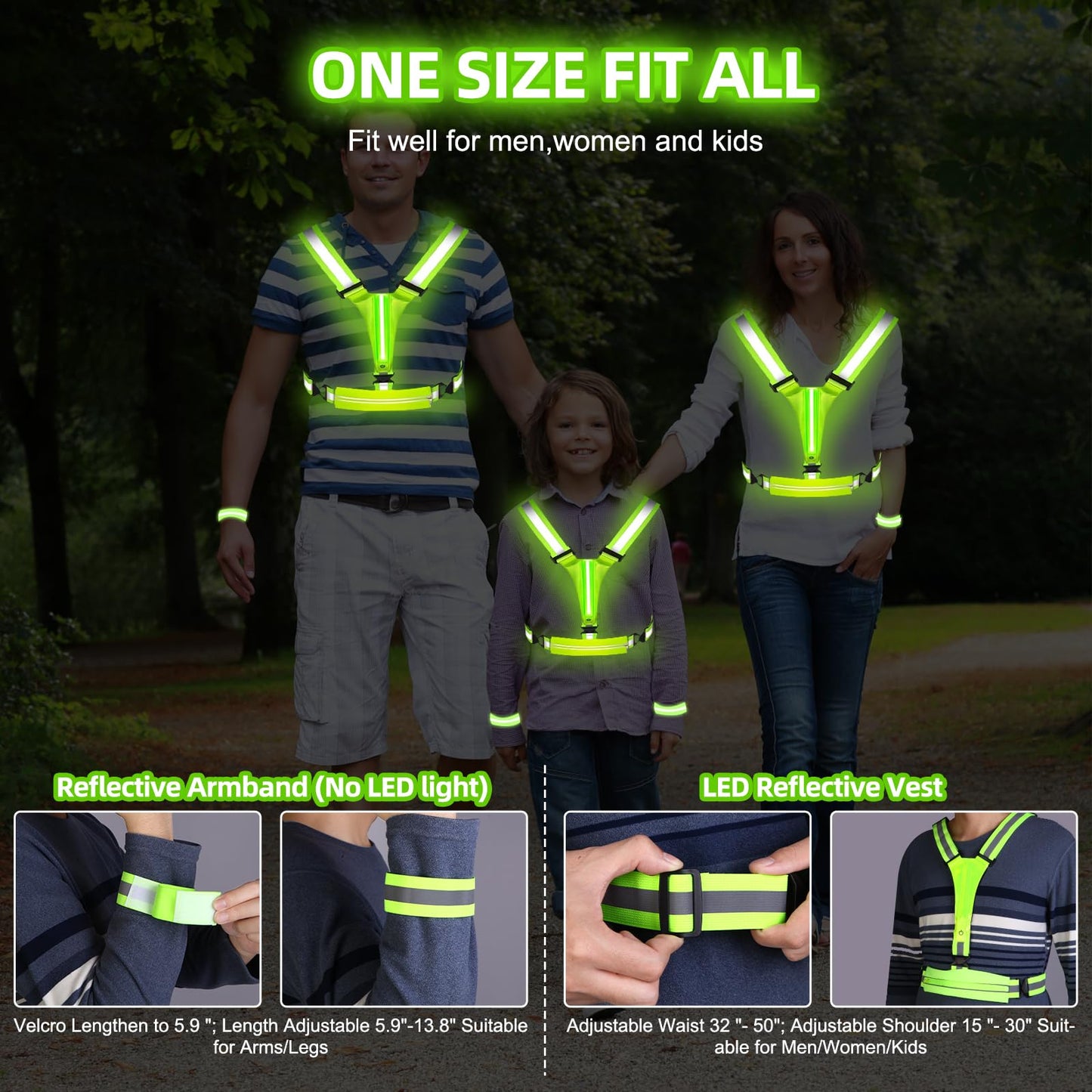 JZ LED Reflective Vest Running Gear-Reflective Vest for Walking at Night, High Visibility Night Running-Rechargeable Adjustable Led Light Up Running Vest with Armband for Runners Walkers Men (Green)