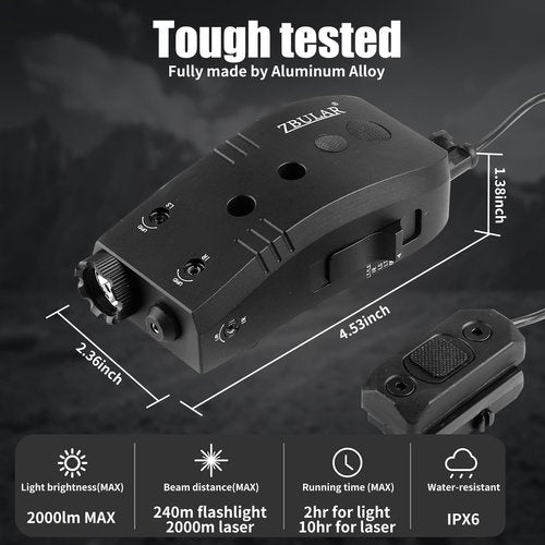 ZBULAR 2000 Lumen Mlok and Picatinny Mounted Tactical Flashlight Green Laser Infrared(IR) Laser 3 in 1 Combo, with Remote Pressure Switch for Rifle