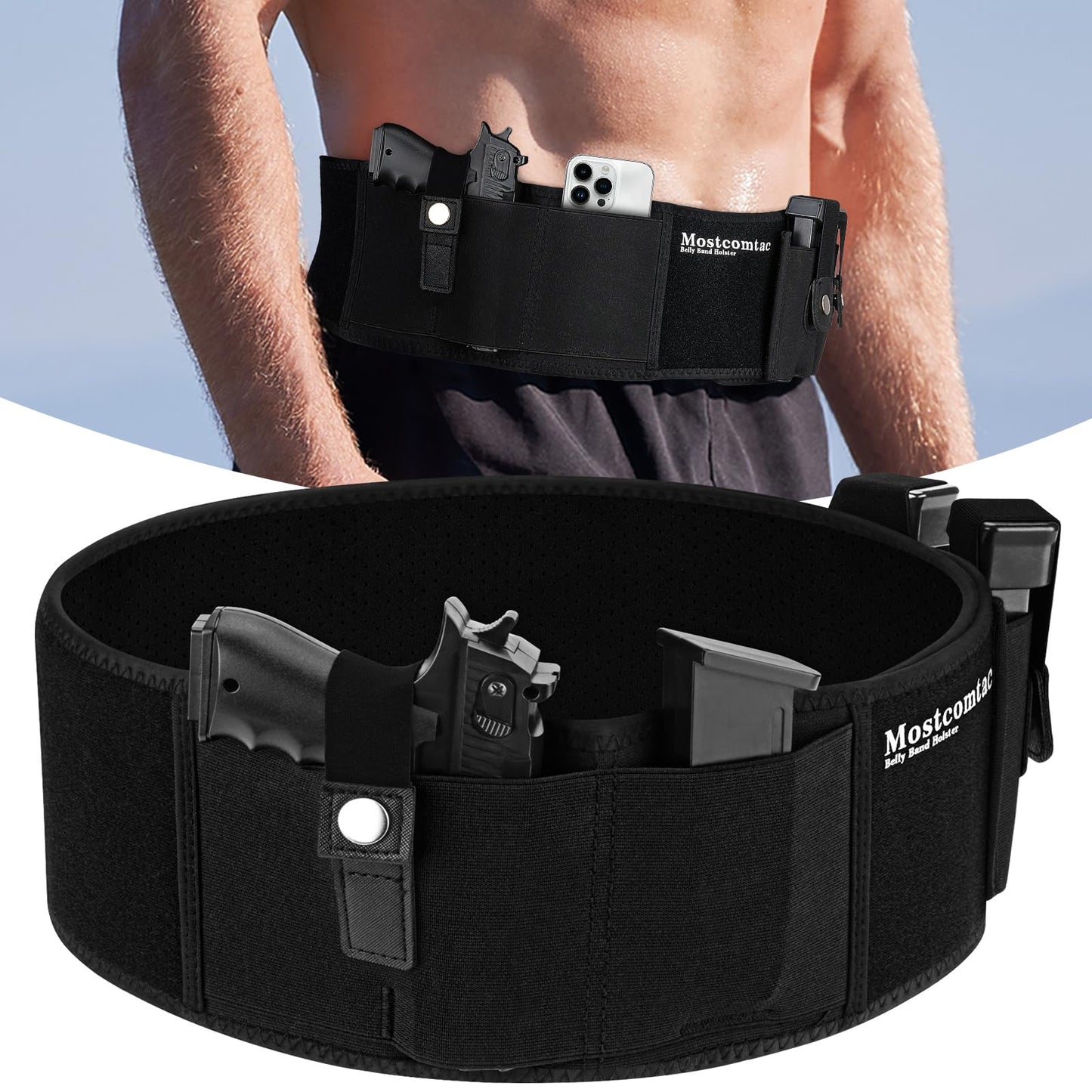 Mostcomtac Belly Band Holster for Men & Women - Comfortable Carry Gun Holster for 9MM and 380 with Breathable Neoprene, Fits Glock 19 17 42 43 43x, Taurus, Ruger LCP, S&W M&P Shield for Most Handguns