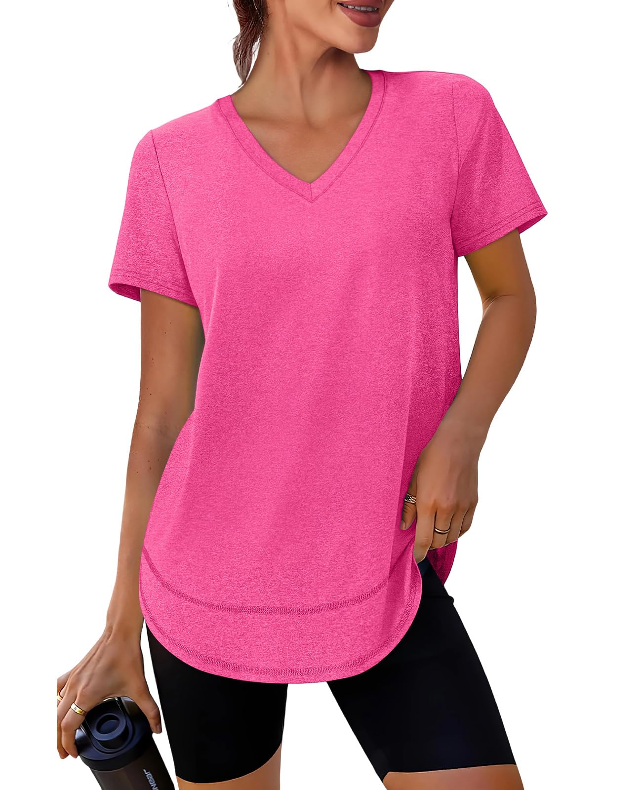 Short Sleeve Shirts for Women Workout Yoga Tops Sun Protection Clothing Summer Outfits Rash Guard Side Slit V Neck Hot Pink XL