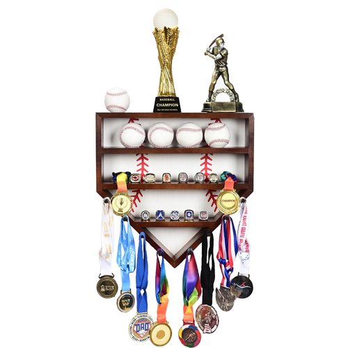 Westant Baseball Ring Display Case - 17" Wooden Baseball Ring Holder, Wall Mount Baseball Case Display for Balls, Rings, Medals, Trophies - One Case for All Memorabilia