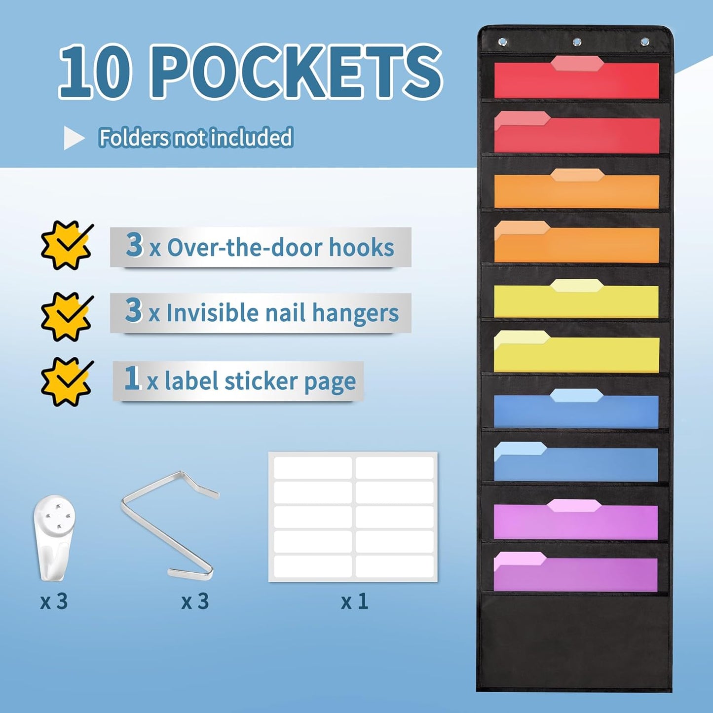 Annecy 10 Pockets Hanging Wall File Organizer, Black Storage Pocket Chart for File Folder and Paper, Space Saver for Office and Classroom, with Wall Hangers, Over The Door Hooks, Labels