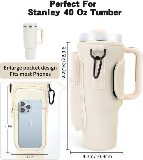 Tumble Tote Cream Water Bottle Carrier Bag for 40/30 oz, Neoprene Insulated Tumbler, with Phone Pocket, Adjustable Strap, and Reinforced Handle, Perfect for Hiking, Travel, and Stanley Cup Accessories