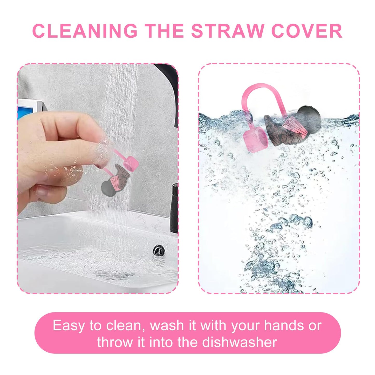 6 Pink Black Girl Straw Covers - Compatible with Stanley Cup, Reusable Silicone Straw Cover fits 0.4 Inch Straws