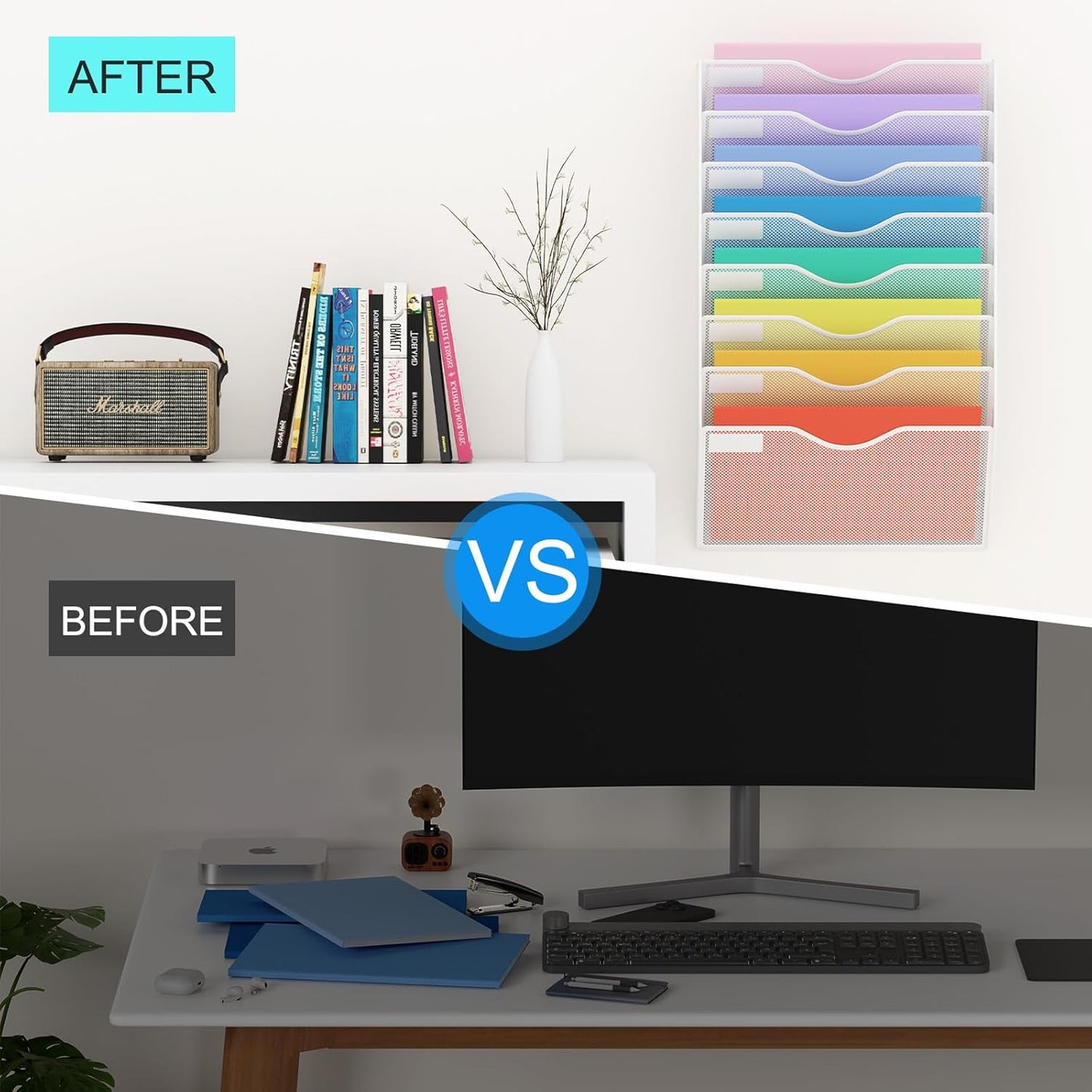 5 Pockets Mesh Hanging Wall File Holder Organizer Wall Mounted Paper Magazine Rack, Black